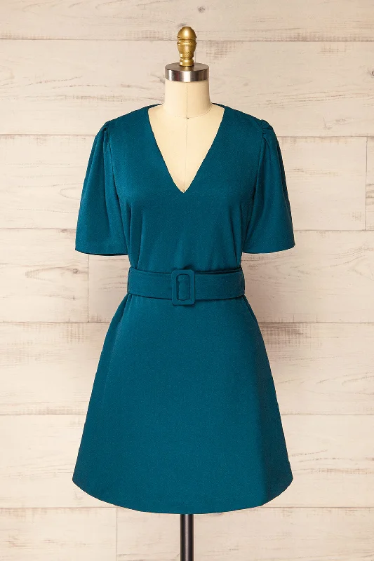 Find the Best Deals Here!Bangkok Teal | Short A-Line Dress w/ Belt